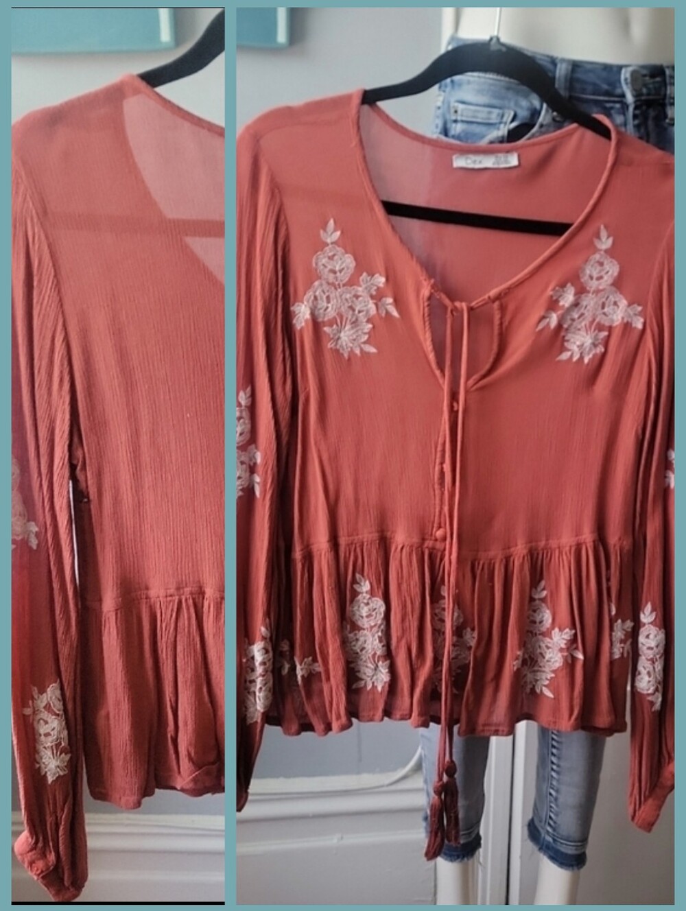 Dex Rust Embroidered Tie-Front Peplum Tunic